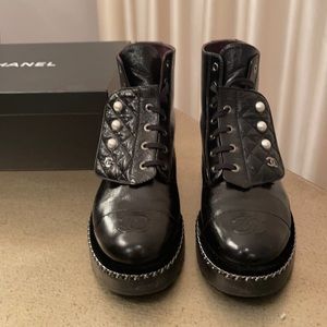 Chanel Black Crackled Calfskin Leather Pearl & Chainlink Combat Boots